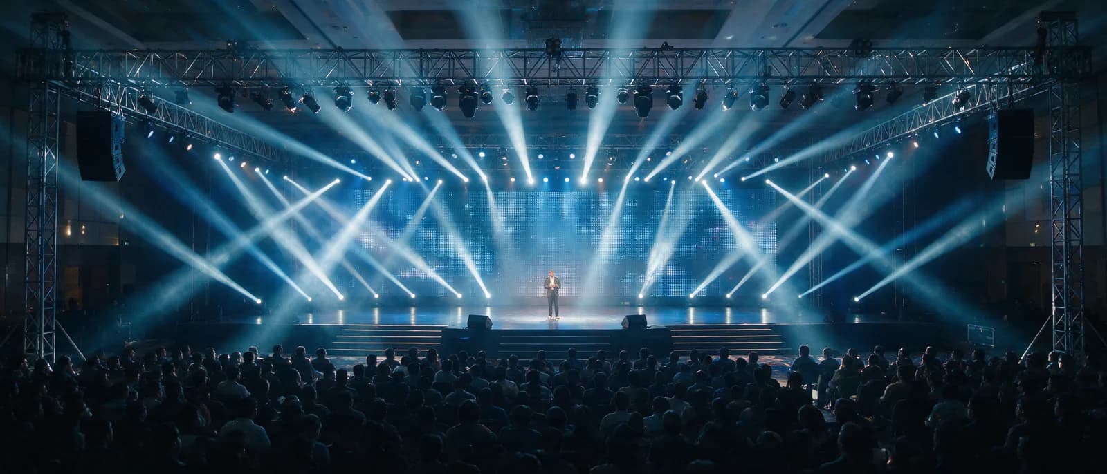 Conference main stage with a truss lighting rig casting blue beams over a seated audience as a speaker presents