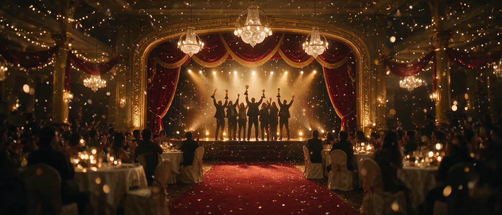Awards night on a gilded proscenium stage, with winners raising trophies above a banquet floor lit by chandeliers