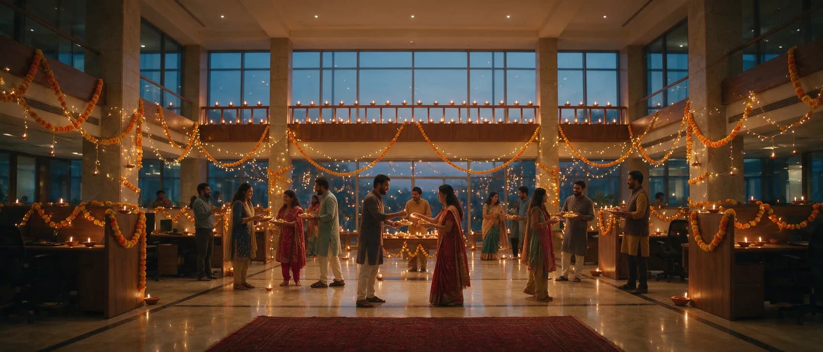 Office atrium decorated for a festival at dusk, with marigold garlands, canopies of fairy lights and employees in ethnic wear