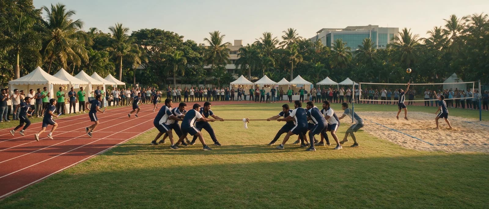 Corporate sports day on a campus ground, with a tug-of-war, a running track, beach volleyball and spectator tents