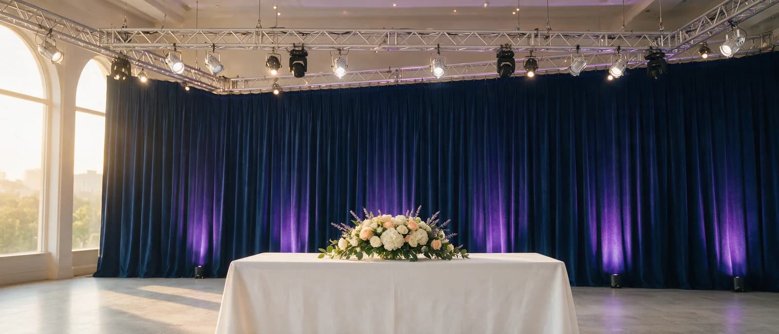 Event stage set ready for guests, with a navy drape backdrop under purple uplighting and a floral arrangement on a linen-covered table
